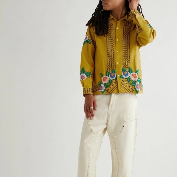 BODE - Garden Bed Embroidered Cotton Shirt - Yellow - Picture 4 of 5